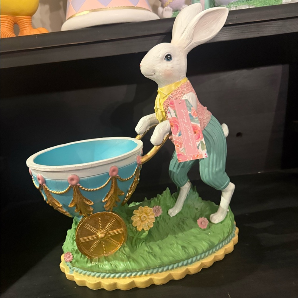 NWT Large Easter Bunny Candy Dish with Blue Egg Cart TJ Maxx